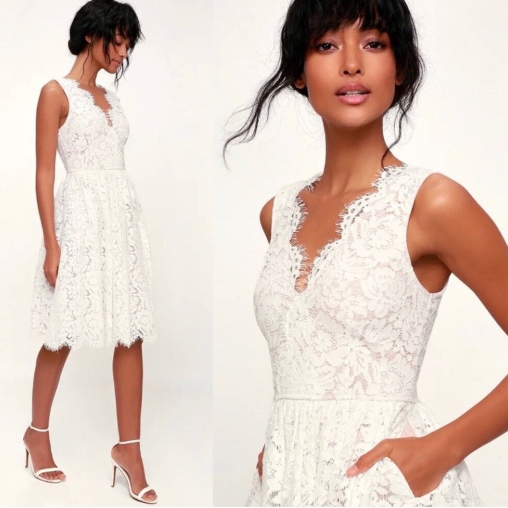 Lulu's Elegant Ivory Lace Midi Dress